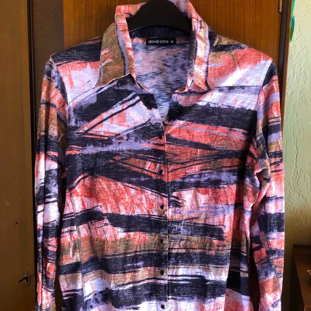 David Cline MEDIUM collared LS top. Burnt orange, olive green and black